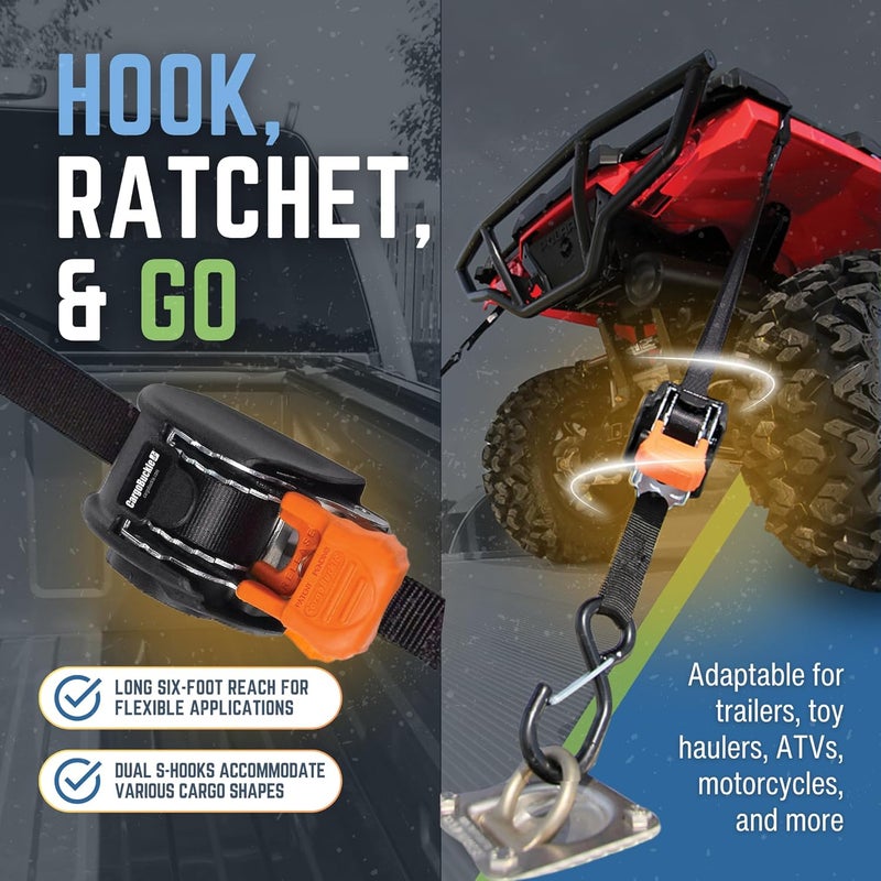 CargoBuckle Mini G3 Retractable Ratchet Straps with Dual S-Hooks, 1400 lbs Break Strength, 1-Inch Width X 6 ft Reach, Auto Ratchet Straps for Trailers, Toy Haulers, ATVs, and Motorcycles - 2 Pack - Image 4
